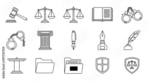 Monochrome Outline Vector Icons Collection for Law, Justice, and Legal System Concepts