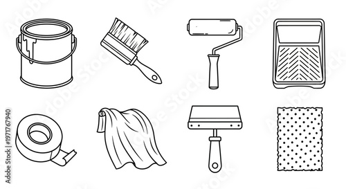 Essential Home Renovation and DIY Painting Tools Collection Outline Illustrations for Creative Projects