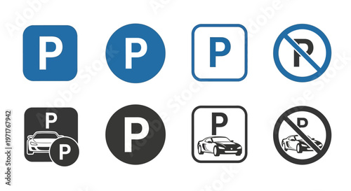 Set of parking signs including P symbols and car icons, some with prohibition and restriction
