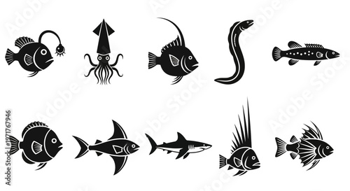 Collection of black and white silhouettes of various marine animals, including a squid, fish, and eel
