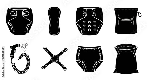 Set of Black Silhouette Icons Representing Cloth Diapering Accessories and Supplies