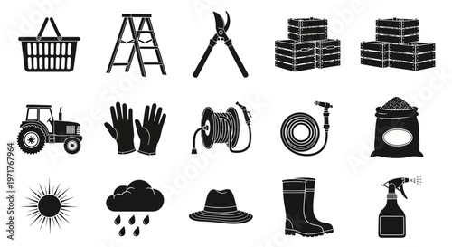 Comprehensive collection of farming and gardening equipment, tools, and supplies presented as silhouette icons for agricultural and horticultural themes