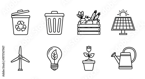 Eco-friendly icons representing renewable energy, recycling, gardening, and sustainable living concepts for environmental awareness and green initiatives