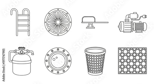 Vector Icons Representing Swimming Pool Equipment and Accessories for Maintenance and Safety