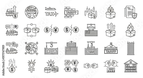 Business icons depicting finance, trade, and commerce, including currency, shipping, buildings, and data charts