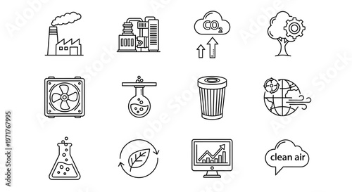 Environmental conservation and sustainable technology icons clean energy, factory pollution, and recycling