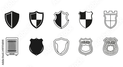 Collection of diverse shield and badge icons representing security, protection, and law enforcement in various stylized designs