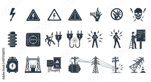 Comprehensive Set of Electrical Safety and Hazard Warning Icons | Power Infrastructure and Electrocution Symbols Collection