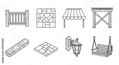 Collection of Outdoor Living and Garden Decorative Elements, Including Fencing, Paving, and Seating