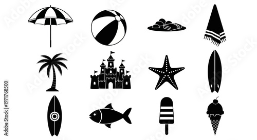 Comprehensive set of black and white vector icons encapsulating the concept of summer holidays, beach vacations, and relaxation