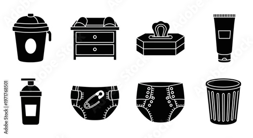 A collection of essential baby care items and products, including diapers, wipes, and a changing table, presented as black silhouette icons