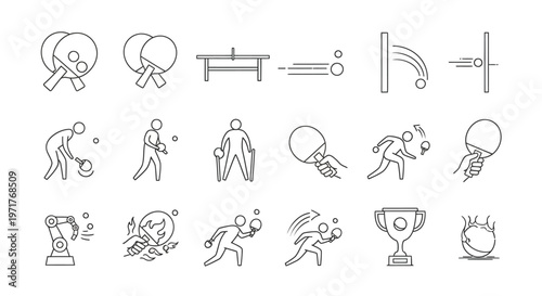 Table Tennis Icons Set A Collection of Ping Pong Game Illustrations, Player Actions, Equipment, and Victory Symbols