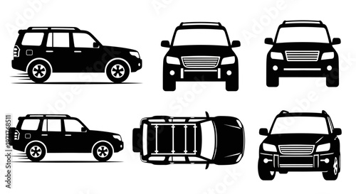 Comprehensive vector illustration set featuring a black SUV car from multiple dynamic perspectives, including side, front, and top views