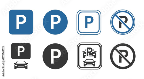 Collection of parking signs, including parking icons, reserved parking and no parking symbols for automotive and traffic guidance
