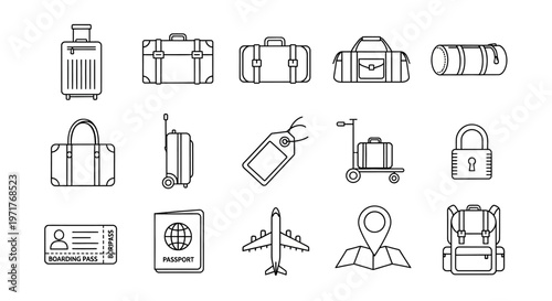 Collection of travel and vacation icons representing luggage, passports, boarding passes, and transport options