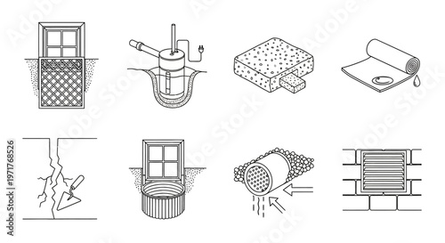 Set of visual aids illustrating various building maintenance and repair techniques