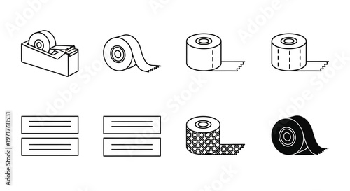 Collection of various tape dispensers and rolls of tape in a line-art style