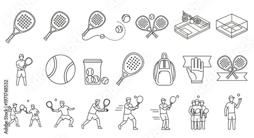 Padel and Tennis Sports Outline Icons Collection Dynamic Rackets, Balls, Courts, and Players for Athletic Game Concepts