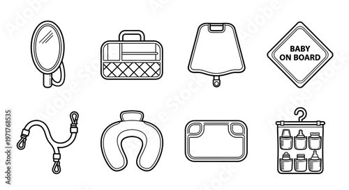 Essential travel and baby care accessories vector line icons. Comfortable journey and safety items including pillows, bags, and organizers