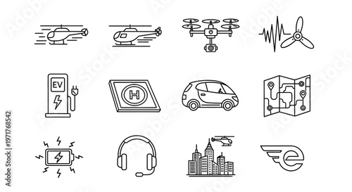 Set of Line Icons for Transportation and Technology Electric Cars, Drones, Helicopters, and Charging Stations