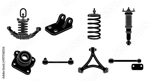 Collection of black and white automotive suspension components and car parts, displayed on a white background