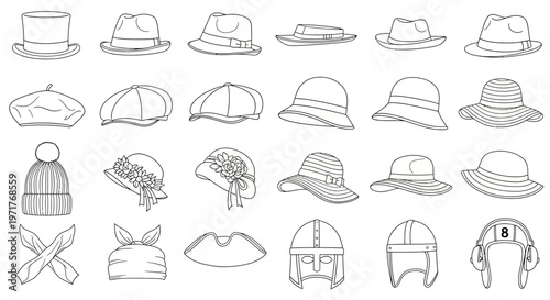Collection of various headwear styles including hats, caps, beanies, and helmets presented as a line art illustration