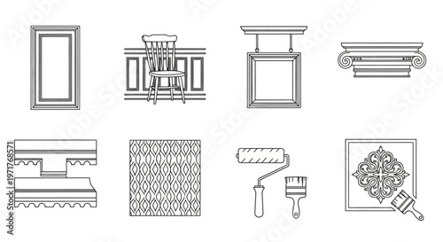 Outline Icons Set for Interior Home Design, Room Renovation, and Decoration Elements