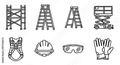 Comprehensive Set of Line Art Icons Illustrating Essential Safety Equipment and Various Tools for Construction Workplaces
