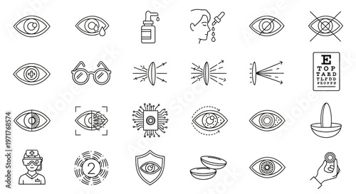 Comprehensive Line Icon Collection for Eye Care and Vision Health, Encompassing Optometry, Digital Diagnostics, and Ophthalmic Technology