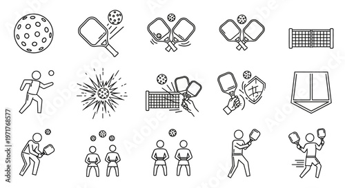 Dynamic Pickleball Game Play and Equipment Line Art Icons Collection for Sports and Recreation Activities
