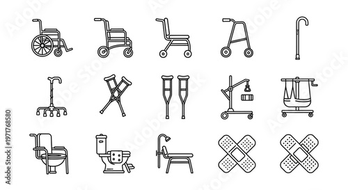Essential Mobility Aids and Healthcare Equipment Icons Collection for Disability Support and Rehabilitation Vector Set