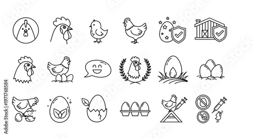 Minimalist Line Icons Collection Representing Chicken, Eggs, and Poultry Farming Concepts - Organic, Natural, Safety, and Animal Welfare Vector Set