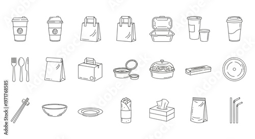 Diverse Collection of Takeout Food Packaging Containers and Disposable Items Line Art Icons