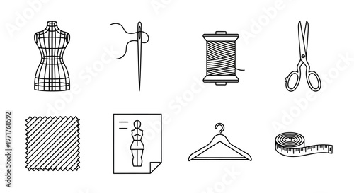 Set of sewing and tailoring icons, including a dress form, needle and thread, spool of thread, scissors, fabric swatch, pattern, hanger, and measuring tape, all in a clean, minimalist line art style