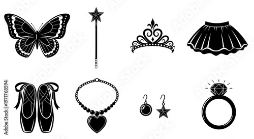 Elegant vector set featuring ballet, princess, and jewelry items for feminine designs and decorative graphic projects