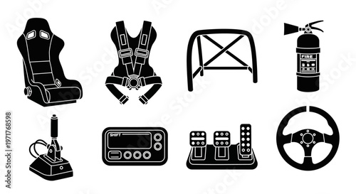 Automotive racing equipment icons seat, harness, roll cage, extinguisher, gear shifter, display, pedals, and steering wheel