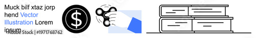 Finance, education, recreation, savings, learning, and productivity. Black dollar icon next to hand holding a spinner and a stack of lined books. Finance and education symbols in action