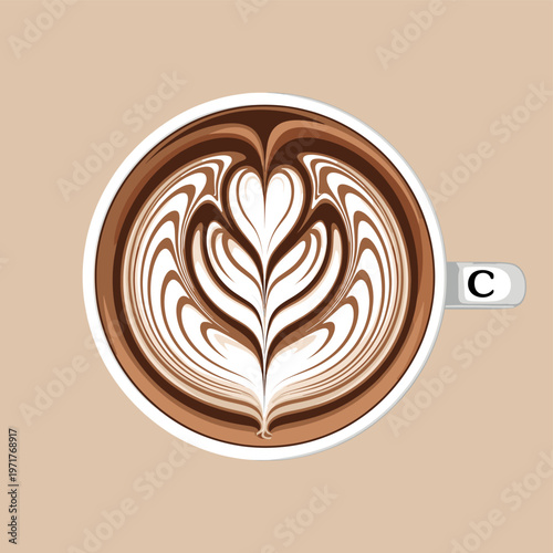 Top-down view of a white ceramic cup filled with dark coffee featuring intricate white latte art in a heart and leaf pattern on a light brown background.