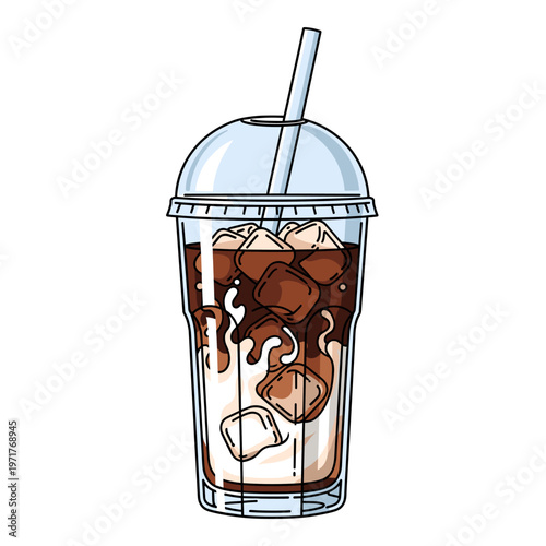 A refreshing iced coffee with milk and ice cubes in a clear plastic cup with a straw, perfect for a hot day.