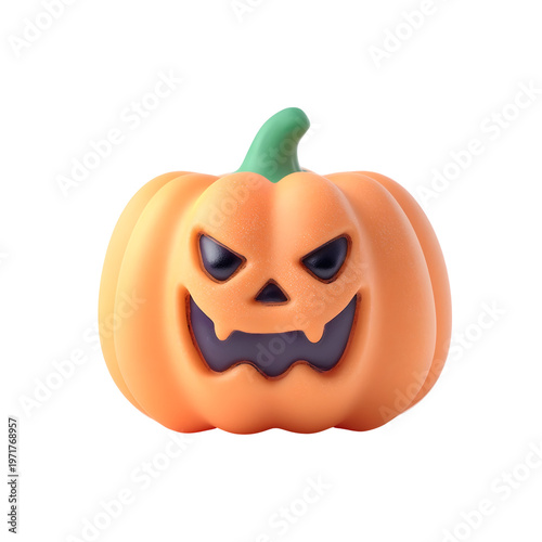A digitally rendered 3D jack o  lantern with a spooky carved face and green stem isolated on a clean white background