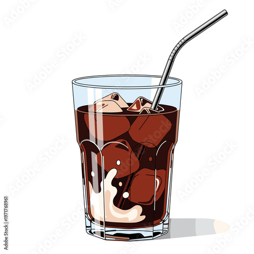 A refreshing glass of iced coffee with ice cubes and a metal straw, featuring a swirl of cream.