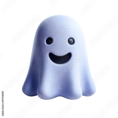 A cute smiling purple ghost character in a 3D render style isolated on a white background