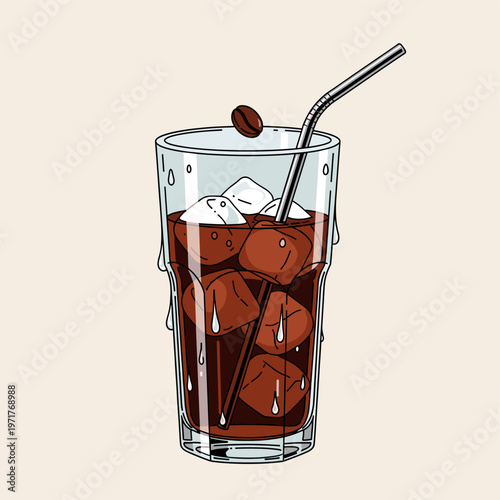 A refreshing glass of iced coffee with ice cubes and a metal straw, topped with a single coffee bean.
