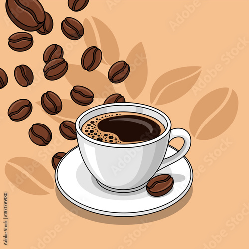 A white cup filled with dark black coffee on a saucer, surrounded by many falling roasted coffee beans and subtle leaf patterns.