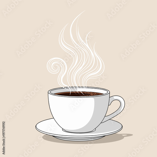 A simple illustration of a white ceramic coffee cup with a saucer, emitting delicate white steam against a plain beige background.