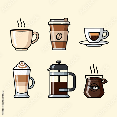 A collection of six distinct coffee beverages and brewing devices, presented in a flat design style against a light background.