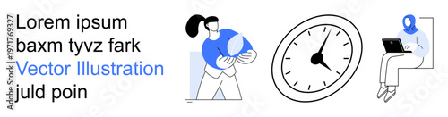 Business productivity, time management, teamwork, remote work, scheduling, planning. Graphic shows a woman holding a shape, a clock and a person working on a laptop. Time management and remote work