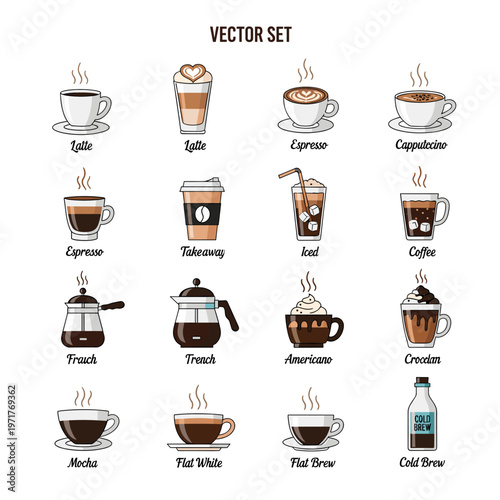 A comprehensive vector illustration showcasing a diverse collection of 16 popular coffee drinks and brewing methods, presented in a grid layout.