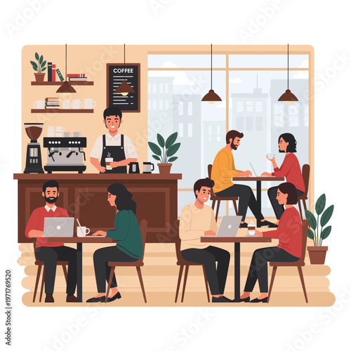 A vibrant illustration of a cozy coffee shop interior with people working and socializing, featuring a barista serving drinks.