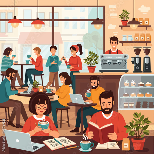 A lively coffee shop scene filled with diverse people enjoying drinks, working on laptops, and reading books, creating a warm and inviting atmosphere.